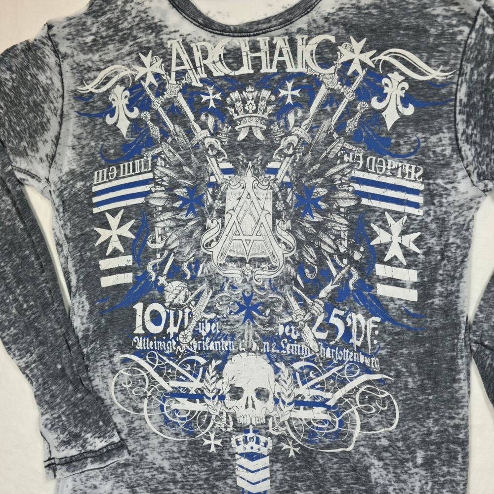 Archaic Affliction Mens Long Sleeve Shirt Burnout Graphic Skull Wing Grey Blue L